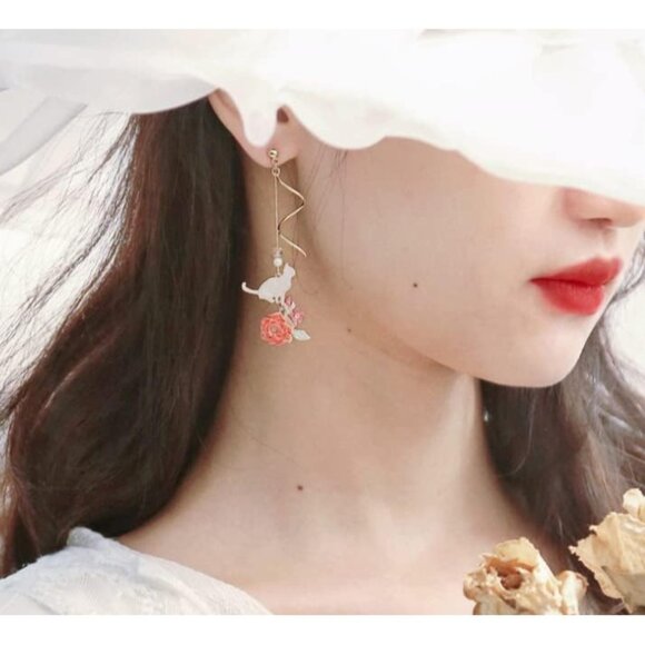 Women's Cute Pink Flower Dangle Pearl Leaf Sakura Fairy Cherry Blossom Earrings - Picture 6 of 6